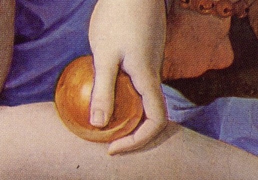 Agnolo Bronzino, particolare del pomo della Discordia, Allegoria del trionfo di Venere, 1540-1545 circa, olio su tavola, cm 146×116, Londra,